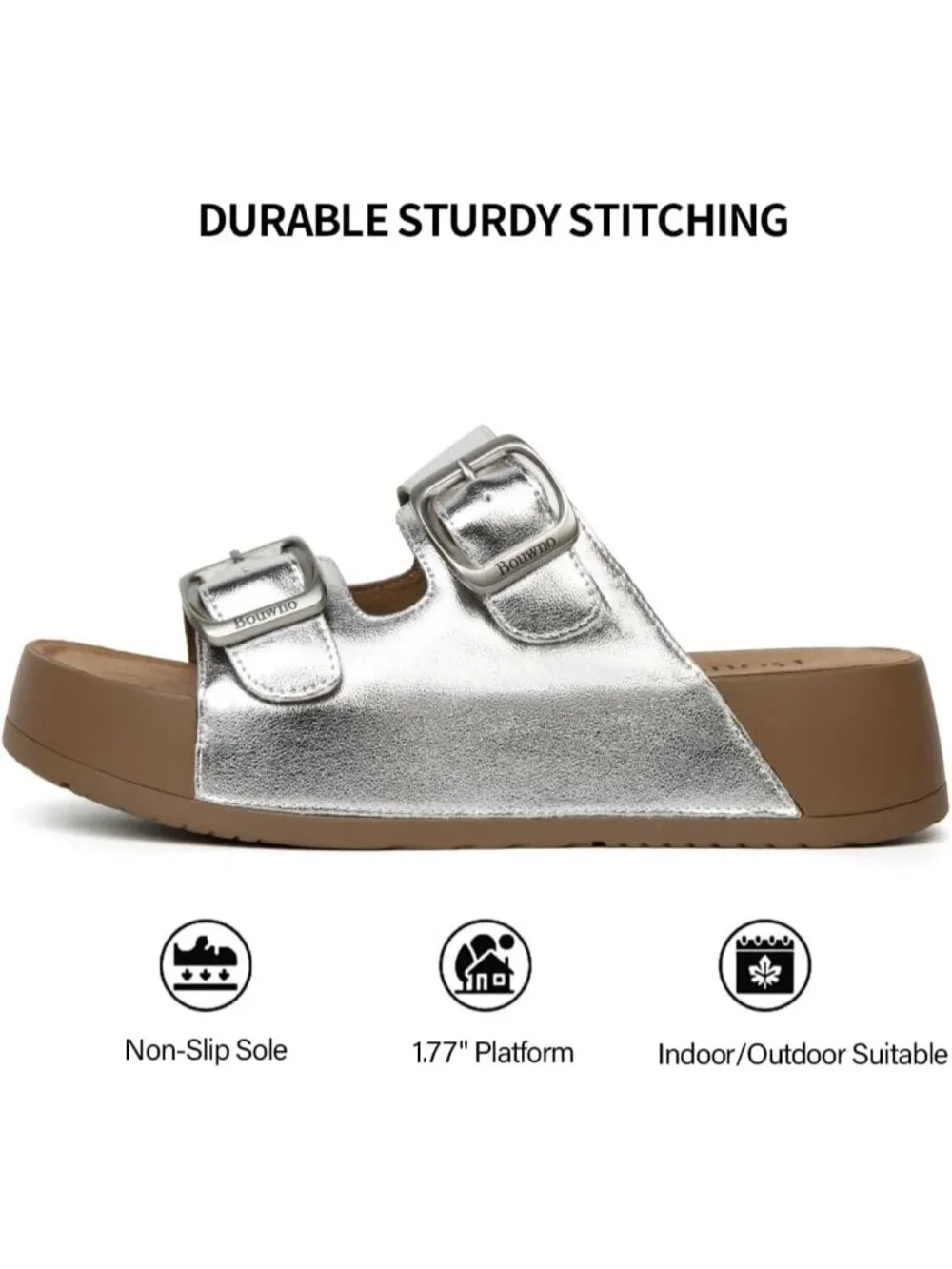 Women's Silver Genuine Leather Slip on Beach Slide Buckle Platform Sandal Shoes